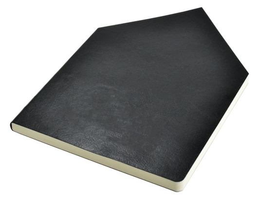 A black A5 notebook with a textured cover and a slight angle at one corner. It has a logo on the front.