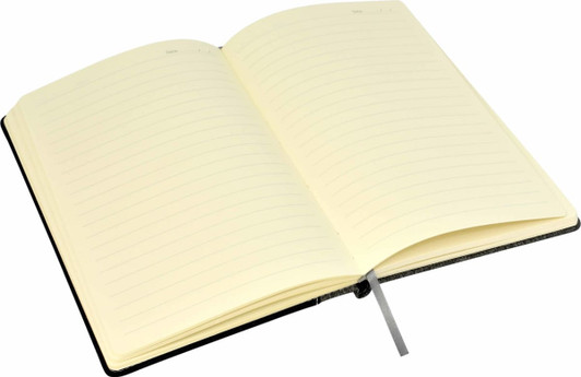 An open A5 notebook with lined pages and a black/grey cover, featuring a ribbon bookmark.