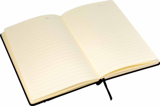 An A5 notebook with black and dark grey trim, featuring cream-coloured lined pages and a ribbon marker.