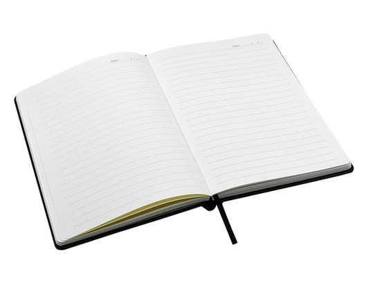 An open black A5 notebook featuring lined pages and a ribbon marker.
