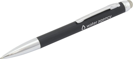 A black stylus pen with a silver tip and clip, featuring a branding logo.