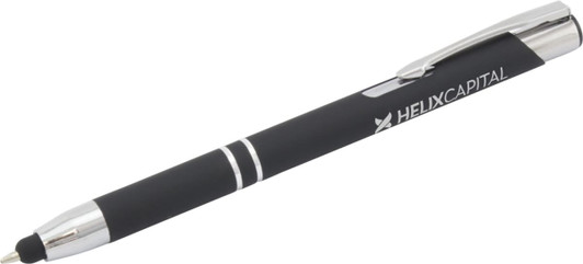 A black stylus pen with a silver clip and branding on the barrel. Suitable for writing and touchscreen use.