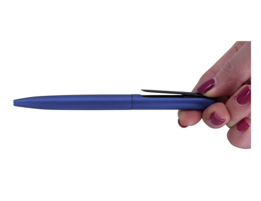A blue metal pen held between fingers, featuring a clip and a sleek design. There is a branding logo present.