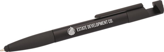 A black 6-in-1 multi pen featuring a branding logo, with a stylus tip and a clip for attaching.