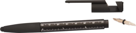 A black 6-in-1 multi pen featuring a stylus tip, ruler, and an attached clip. The pen is partially disassembled.