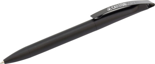 A black plastic pen with a clip and a logo on the side.