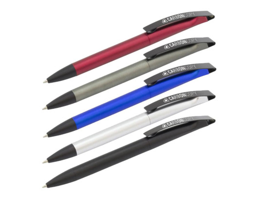 A collection of five plastic pens in red, grey, blue, silver, and black, each with a logo on the clip.