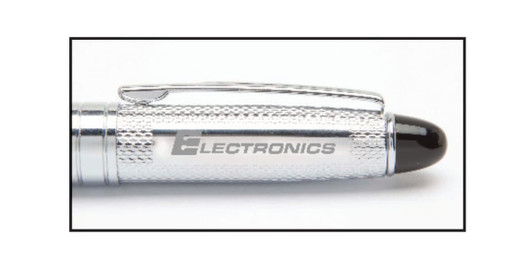 A metallic silver pen with a knurled grip and a black tip, featuring a logo on the barrel.