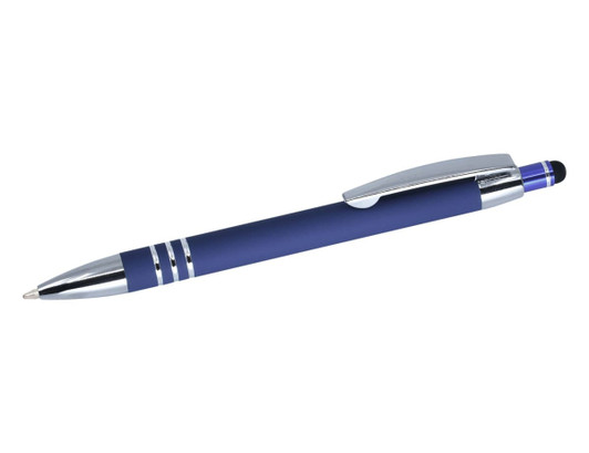 A navy blue stylus pen with a chrome finish and black rubber tip, featuring a branding logo.