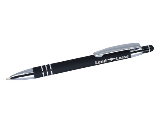 A black stylus pen with silver accents and a logo on the barrel.