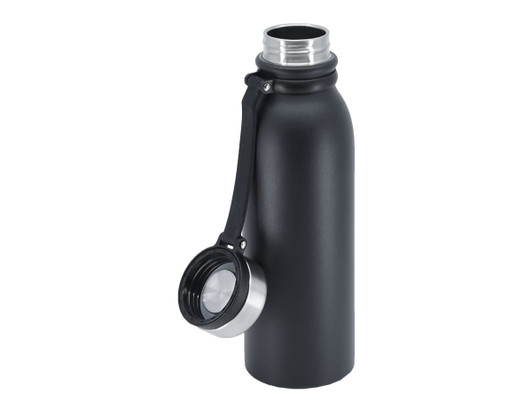 A drink bottle in matte black, featuring a stainless steel lid and a strap, with a logo on the side.