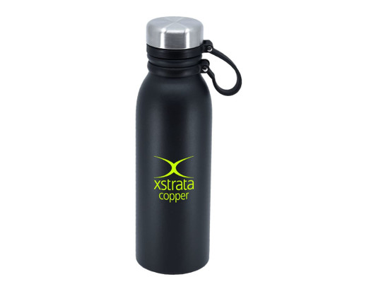 A drink bottle featuring a sleek black design with a stainless steel lid and a logo. Suitable for a variety of beverages.