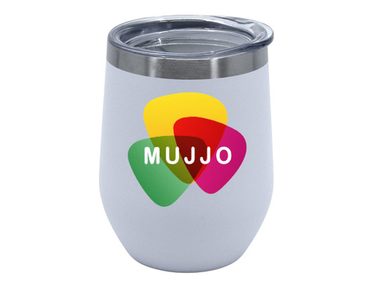 A travel mug with a double wall design, featuring a light grey exterior and a clear lid, with a colourful logo.