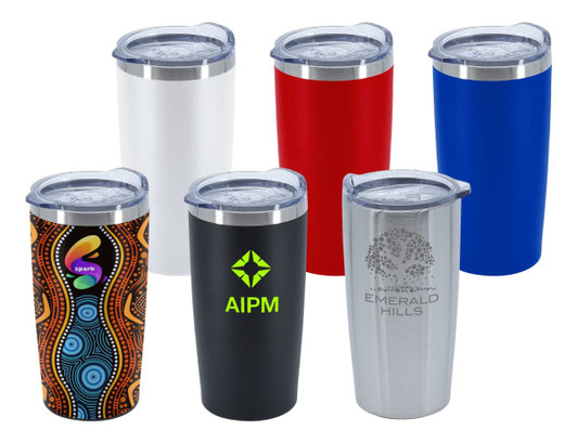 A set of six travel mugs in various colours including white, red, blue, silver, black, and a patterned design. Each mug has a lid and one contains a logo.
