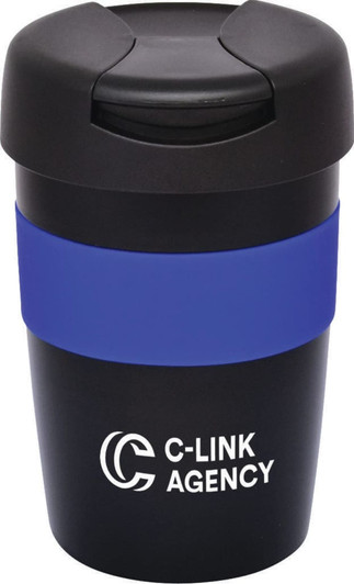 A travel mug with a black body and a blue band, featuring a logo on the front and a secure lid.