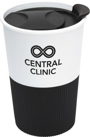 A white and black coffee mug featuring a black lid and a textured black base, with a logo on the front.