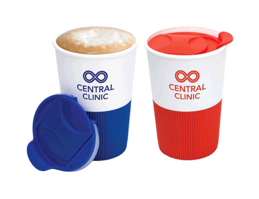 A coffee mug with a white body and coloured silicone sleeves, featuring blue and red options, each with a lid.