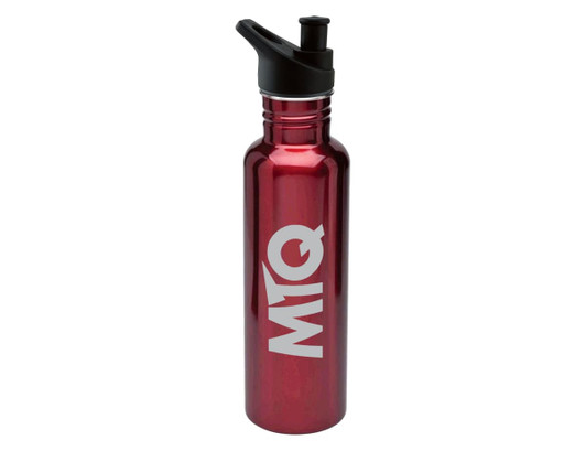 A drink bottle in a shiny red finish featuring a black spout and a logo. Made from stainless steel.