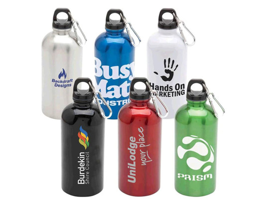 A drink bottle collection featuring stainless steel and aluminium options in silver, blue, red, black, and green, each with a logo.