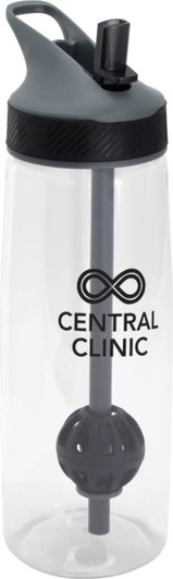 A drink bottle in clear plastic with a grey lid, straw, and mixer ball, featuring a logo.