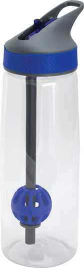 A drink bottle in clear plastic with a grey cap and blue accents, featuring a built-in straw and mixer ball.