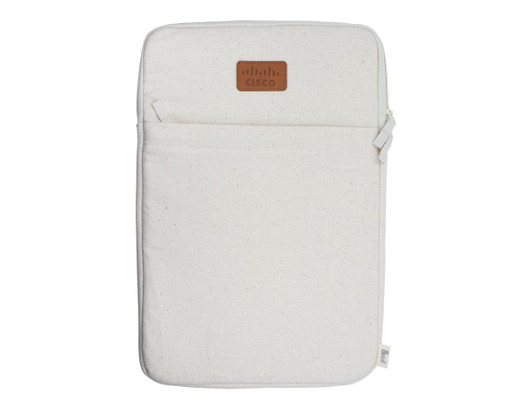 A cream laptop sleeve with a zip and a logo badge, designed for a 15-inch laptop, featuring a minimalist design.