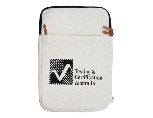 A cream-coloured laptop sleeve with a zipper, featuring a logo and brown accents.