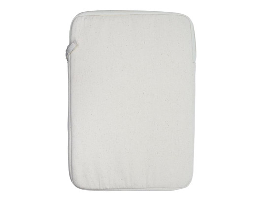 A laptop sleeve in a light cream colour with a zip closure and a simple design. Features a logo.