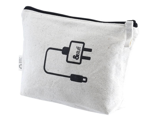 A white toiletry bag with a black logo design featuring electronic cables, zippered closure.