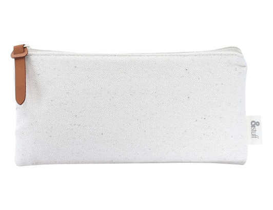 A white toiletry pouch with a zip closure and a brown leather pull tab, featuring a small logo on the side.