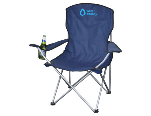 A navy outdoor chair with silver frame, featuring a cup holder and a logo on the backrest.