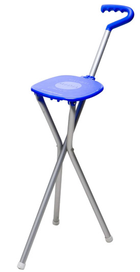 A blue folding seat with a handle, featuring a metallic frame and a compact design. It has a logo on the seat.