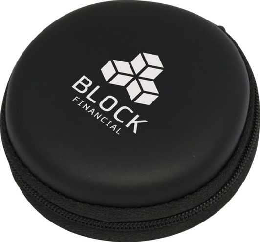 A round black case with a zip, featuring a logo on the front. The case is compact and designed for storing items.