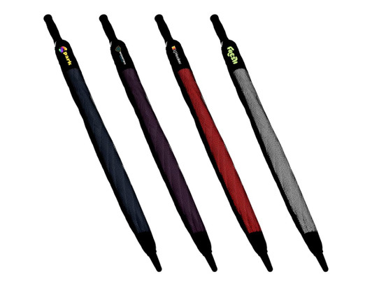 A set of four auto golf umbrellas in black, purple, red, and white, each with a logo on the handle.