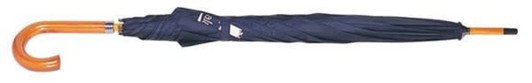 A navy blue umbrella with a curved wooden handle and an open design. It has a logo on the fabric.