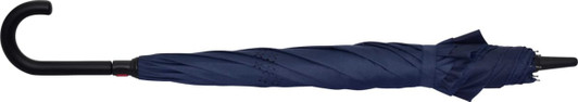 A navy blue inverter umbrella with a J handle, featuring a black curved grip. It has a sleek, compact design.