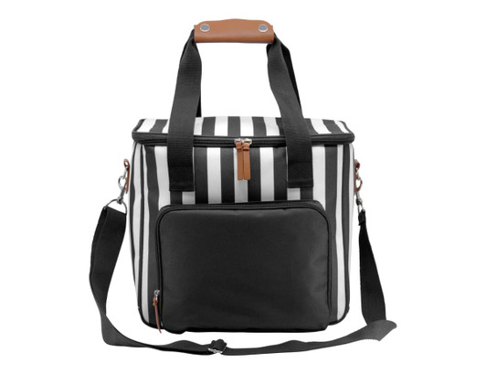 A striped cooler bag in black and white with a detachable strap and a front pocket. It has a brown handle and a logo.