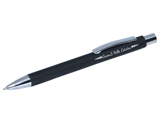 A black pen with a silver clip and tip, featuring a branding logo along the barrel.