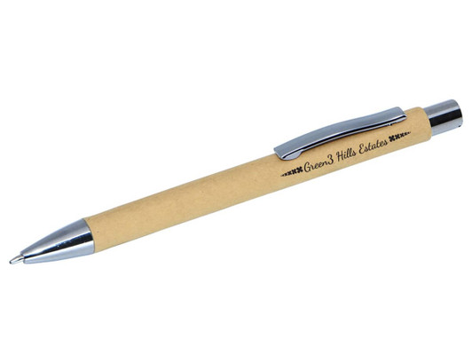 A beige pen with a silver clip and detailing, featuring a branding logo.