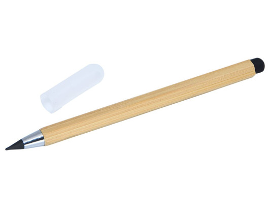 A bamboo stylus pen with a black tip and a clear protective cap beside it.