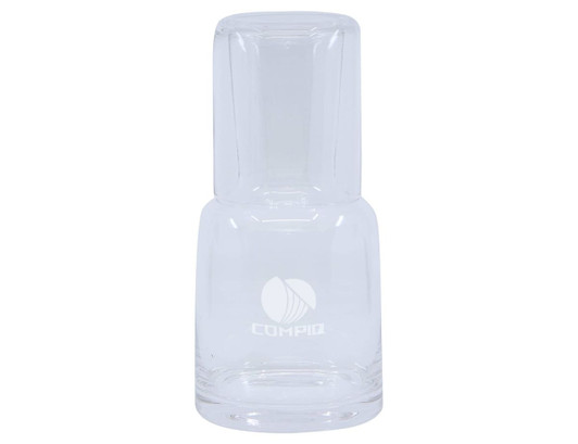 A clear glass carafe with a tumbler section, featuring a logo. Elegant and minimalist design.