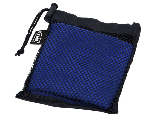A blue rPET towel in a mesh storage pouch, featuring a drawstring closure. Contains a branding logo.