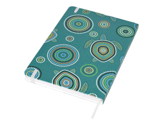 A design notebook in teal, featuring circular patterns in various colours on the cover, with a logo.