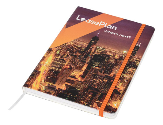A full-colour A5 notebook featuring a city skyline design, with an elastic band and a ribbon bookmark.