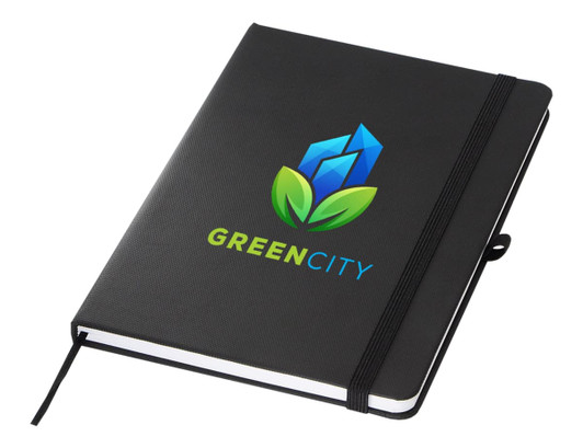 A black A5 notebook with an elastic band, featuring a logo on the cover and a white inner section.