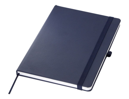 A navy A5 notebook with an elastic band closure and a bookmark ribbon, featuring a logo on the cover.