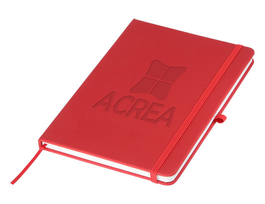 A red A5 notebook featuring a logo on the front and an elastic band closure.