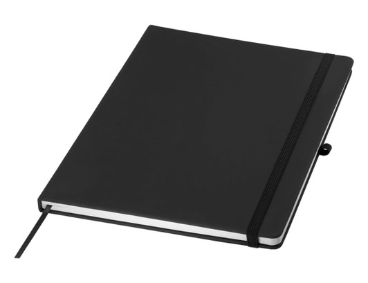 A black A4 notebook with a secure elastic closure and a ribbon marker, featuring a logo on the cover.