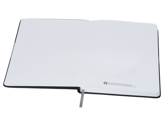 A black A5 notebook featuring blank white pages and a bookmark ribbon, with a branding logo on the cover.
