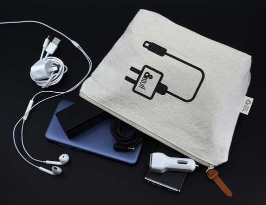 A cream-coloured tech pouch with various gadgets inside, including earphones, chargers, and a smartphone.